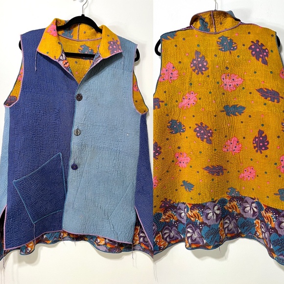 Kantha Bae Jackets & Blazers - Vintage Kantha Quilted Floral Reversible Vest Sz Large Lagenlook Artisan